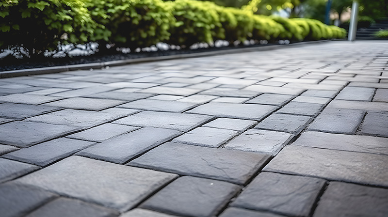 Driveway pavers arranged in a stylish pattern, surrounded by lush greenery, showcasing durable and attractive materials for residential driveways.